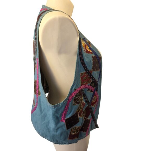 Handmade 80s Boho Reversible Vest Sz XL–2X Denim Patchwork Applique Stripe Cotto - Picture 7 of 10